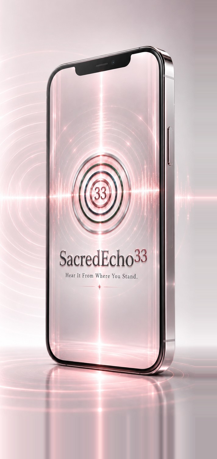 SacredEcho33 open on a phone, the echo mark rippling outward from the screen.
